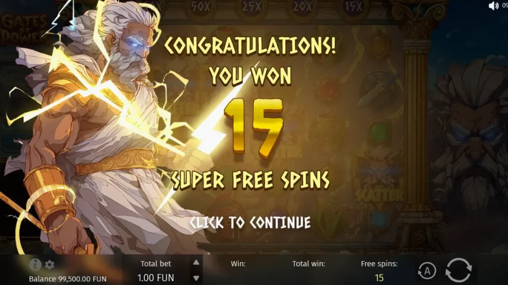Pemandangan gerbang Olympus dalam slot Gates of Power dengan Zeus yang megah