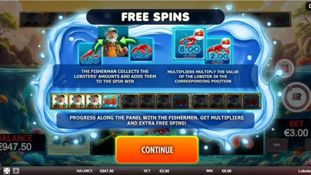 Tampilan layar permainan slot Lobster Splash dengan tema nelayan dan lobster